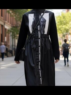 Black Long Mixed-Media Women's Trench Coat